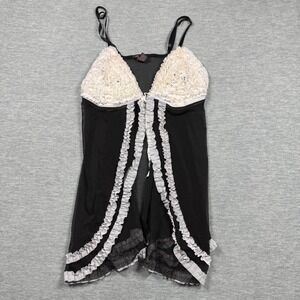 Per Lei Babydoll Womens 3X Black White Ruffle Mesh Sheer Lingerie Rhinestone Top